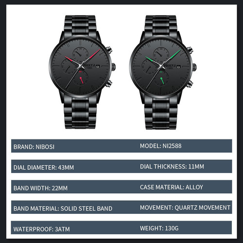 Reloj Nibosi 2588 Hombre Analógico Negro Acero 30m