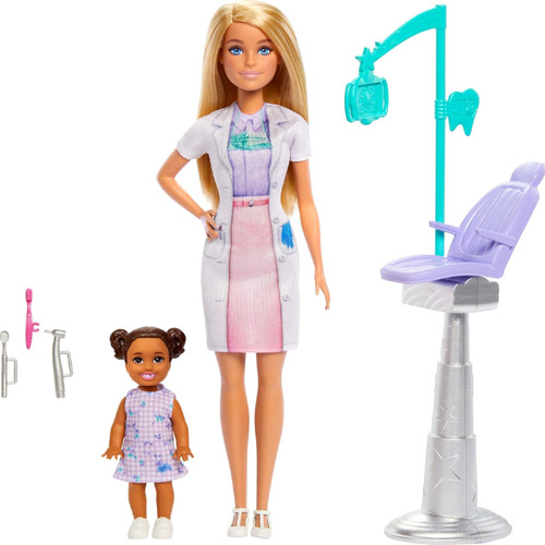 Muñeca Set Dentista Cabello Rubio Con Niña Multicolor Barbie