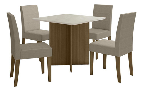 Kit Mesa De Jantar Helo Com Vidro 90x90 Com 4 Cadeiras Josi Cor Carvalho/off White/fendi