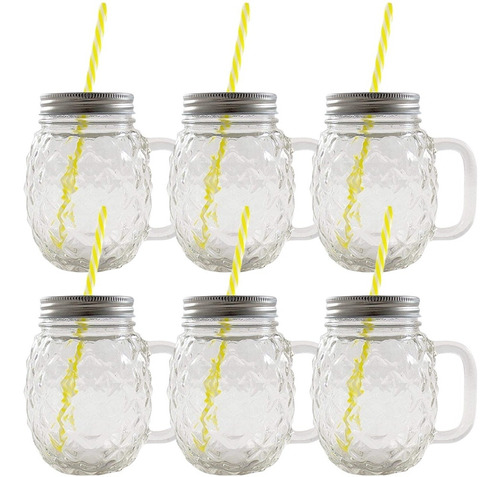 Set 6 Vaso Mason Jar Piña Tarro Fiesta Luau Hawaiana Vidrio