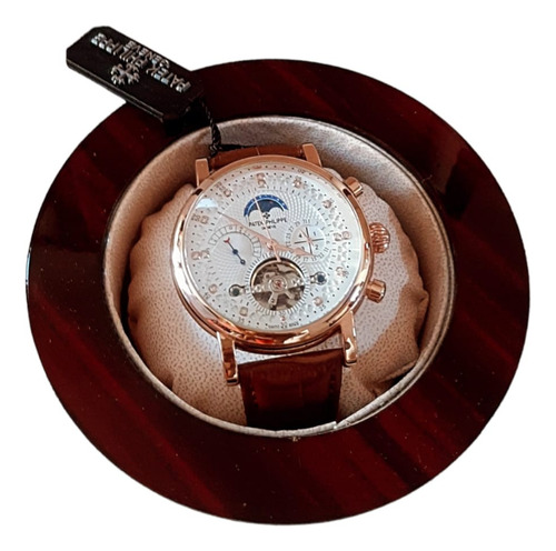 Relógio Patek Philippe Automático Caixa Madeira Puls Couro 1 Marrom Ouro-rosê Bege Com Detalhes Em Rosê