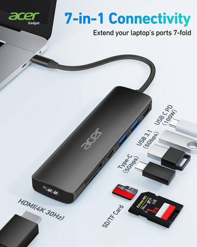 Hub Usb C Acer, Base Usb C A Hdmi 7 En 1, 2 Puertos De Datos