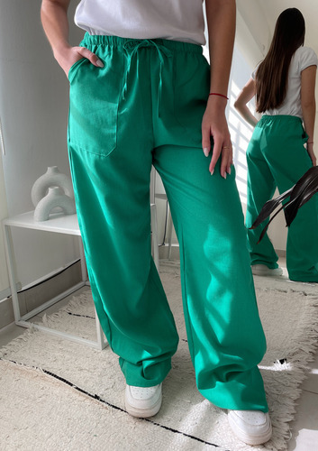 Pantalon Mujer Lino Con Elastico Palazzo Liso