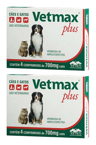 Kit 2 Vetmax Plus Vermifugo Cães Gatos Vetnil 700mg - 4 Comp