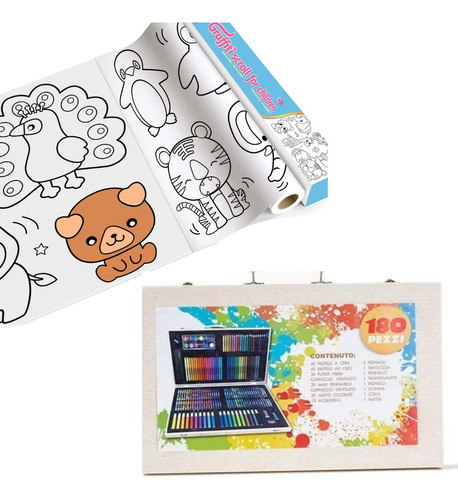 Set De Arte 180 Pcs Lapices + 2 Rollos De Dibujos Colorear