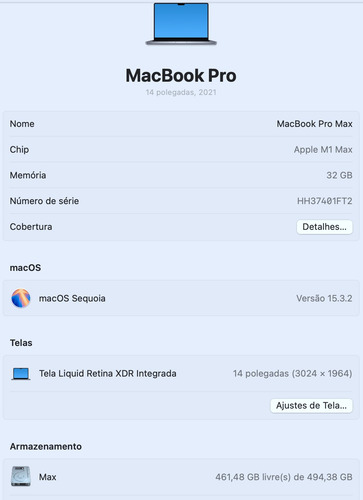 Macbook Pro M1 Max. Mem. 32 Gb. Ssd 512 Gb. Tela 14 Cinza (Usado)