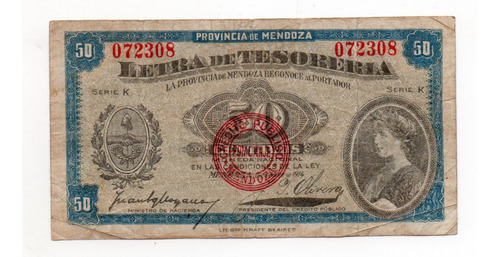 Argentina Provincia Mendoza Letra Tesoreria 50 Centavos 1914