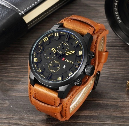 Relogio Curren 8225 Couro Bracelete Marron E Fundo Preto