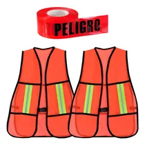 Comprar Kit 2 Chalecos Malla Naranja + 1 Cinta Delim Rojo Precaución