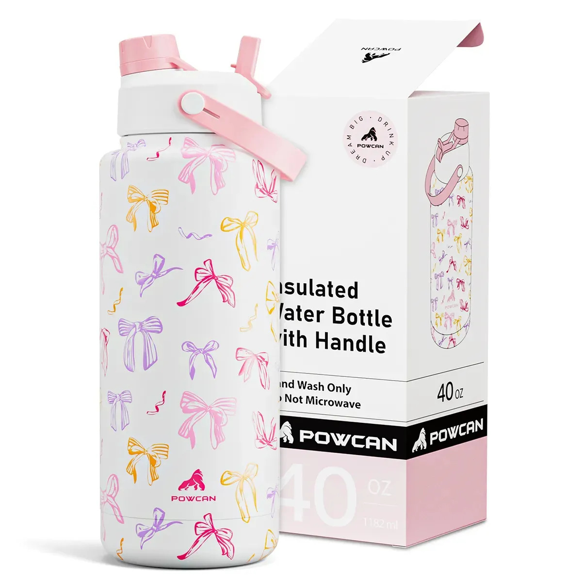 POWCAN Vaso Térmico 40 Oz Acero Inoxidable Con Popote Antifugas Para Agua Fría Y Caliente Botella de agua grande