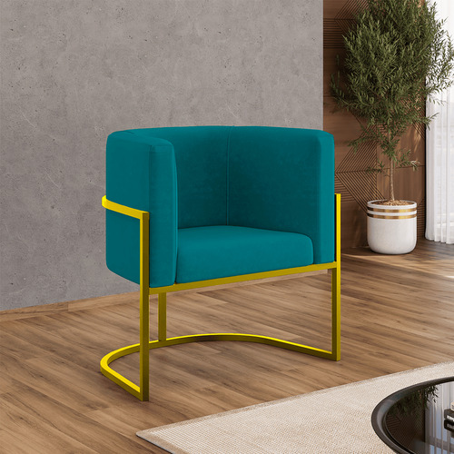 Poltrona Cadeira Lua Base De Metal Dourada Reforçada Azul Turquesa Balaqui Decor