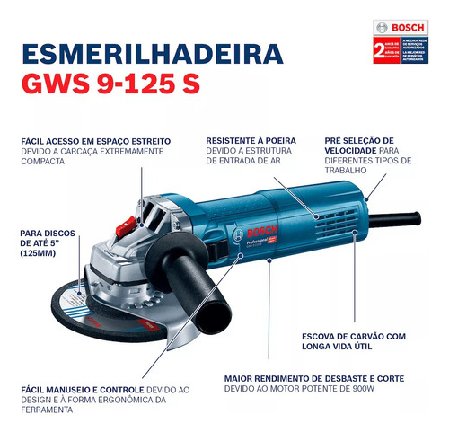 Esmerilhadeira Angular 4.1/2'' Com 900w Bosch Gws9-125 220v