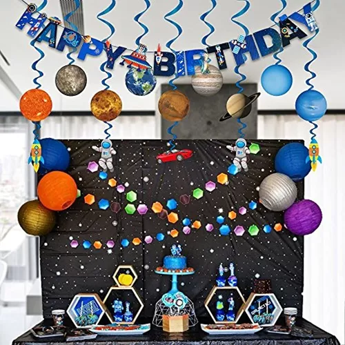 Decoración de fiesta del sistema solar, pancarta de feliz cumpleaños,  espacio exterior, planeta, espirales colgantes con adornos para tartas