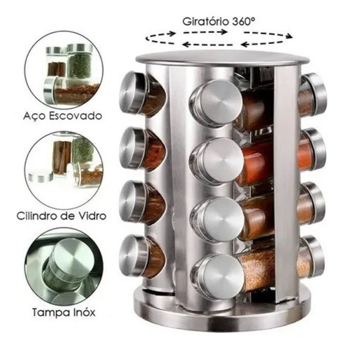 Porta Tempero Condimento Inox Vidro Giratorio Cozinha 16 Pts