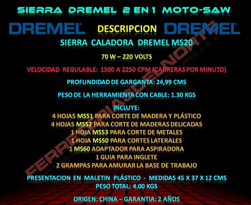 Imagen 3 de 9 de Dremel Moto Saw Ms20 Caladora + Maletin + Acces. - Fdn