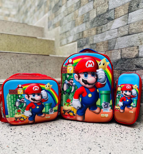 Kit Morral Maleta Escolar Mario Lonchera + Cartuchera 