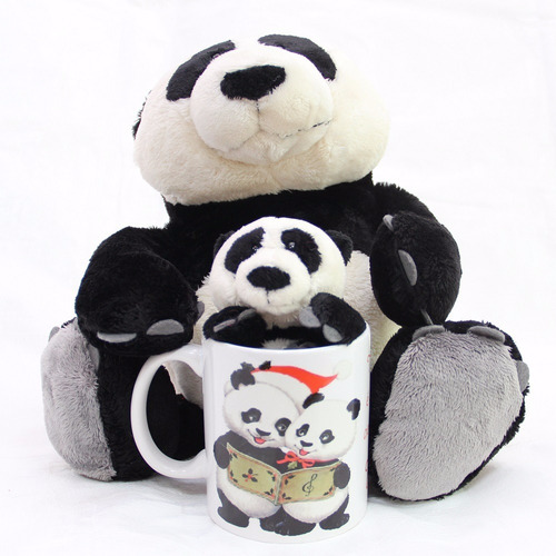 Urso Panda De 35cm + Ursinho 15cm + Caneca 330ml Feliz Natal