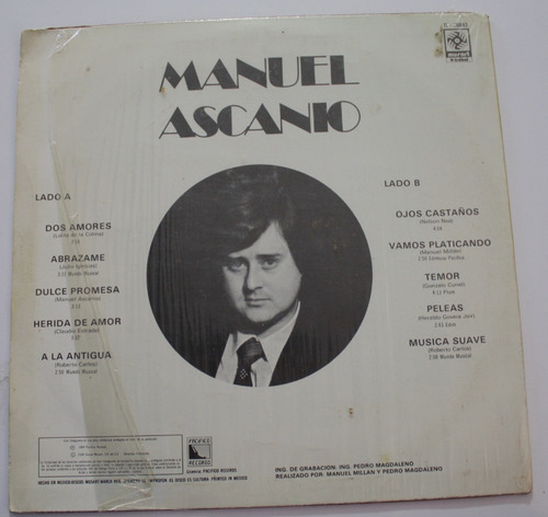 Disco Vinilo Acetato Manuel Ascanio Dos Amores El Sentimient (Usado)