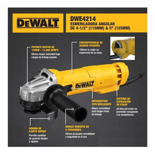 Imagen 3 de 7 de Amoladora Angular Dewalt Dwe4214 De 50hz Amarilla 220v 115mm