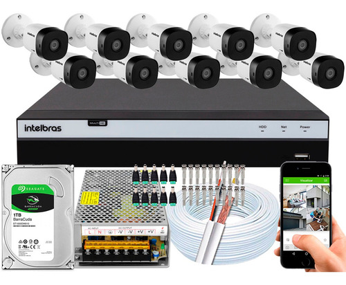 Kit Cftv 10 Cameras Vhd 1220b G4 Intelbras 2mp Dvr 16 Canais