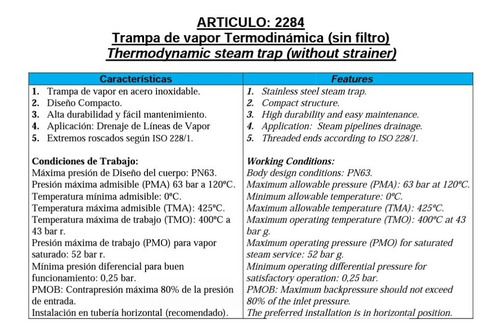 Imagen 2 de 4 de Trampa Termodinámica Para Vapor Genebre 1 Inox. Art. 2284