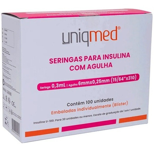 Seringa Insulina 0,3ml 6x0,25mm 31g Uniqmed Caixa Com 100un