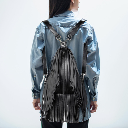 Mochila Negra Con Borlas, S De Navidad, Piel Sintética