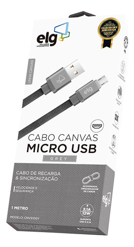 Cabo Micro USB Tecido Canvas Reforçado 1M Cinza CNV510GY - ELG