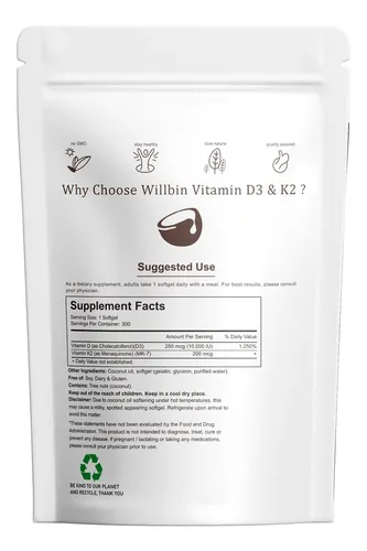 Willbin Suplemento De Vitamina D3 K2 2 En 1, 10000 Ui Vit D3