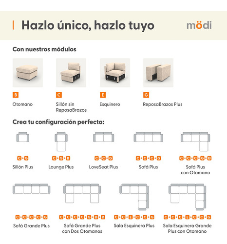 Sala Esquinera Modular Plus 5 Plazas + Otomano + Pillow Pack Beige Liso
