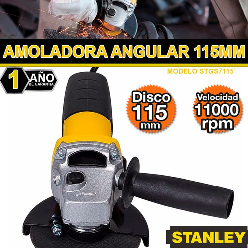 Imagen 4 de 6 de Amoladora angular Stanley STGS7115 de 50 Hz color amarillo 710 W 220 V + accesorios