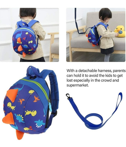 Mochila Dinosaurio Arnés Correa Preescolar Azul Marinerito Arnés de Dinosaurio