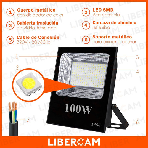 Imagen 4 de 10 de Reflector Led 100w Exterior Alta Potencia Multiled Ip66 Frio
