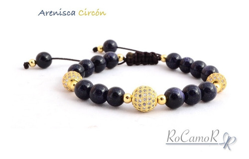 Pulsera #rocamor Venturina Azul Y Circón En Cobre Ch. Oro