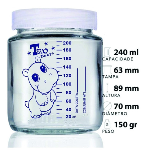 Imagem 2 de 3 de Kit Com 10 Potes De Vidro P Leite Materno C/ Graduação 200ml