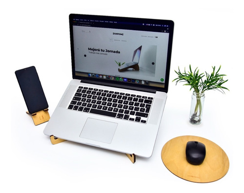 Kit Home Office - Base Notebook + Celular + Mousepad Madera