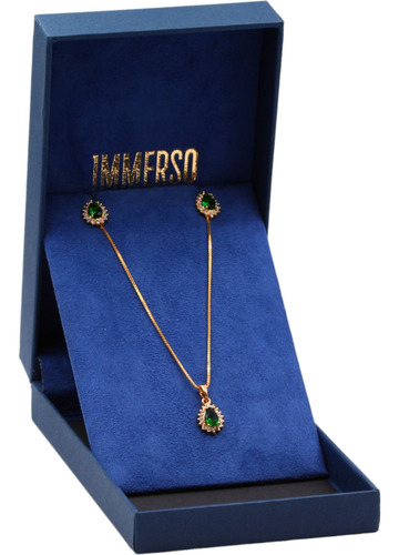 Conjunto Feminino De Prata Banhada A Ouro Gota Verde 50cm Dourado