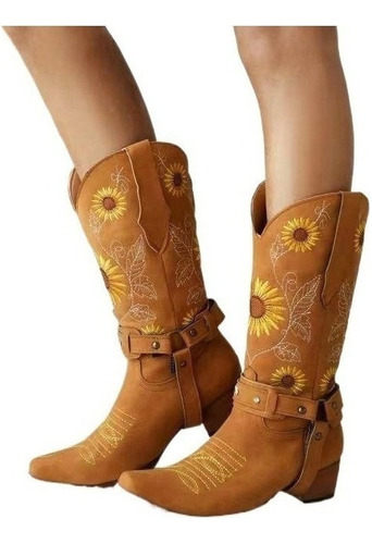 Bota Vaquera Caballero De Dama De Tacón Grueso Bordadas