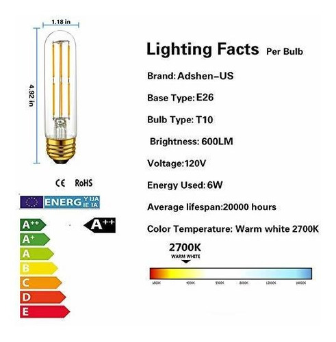 Bombillas Led Tubulares Adshen-us T10, Blanco Cálido 2700k,