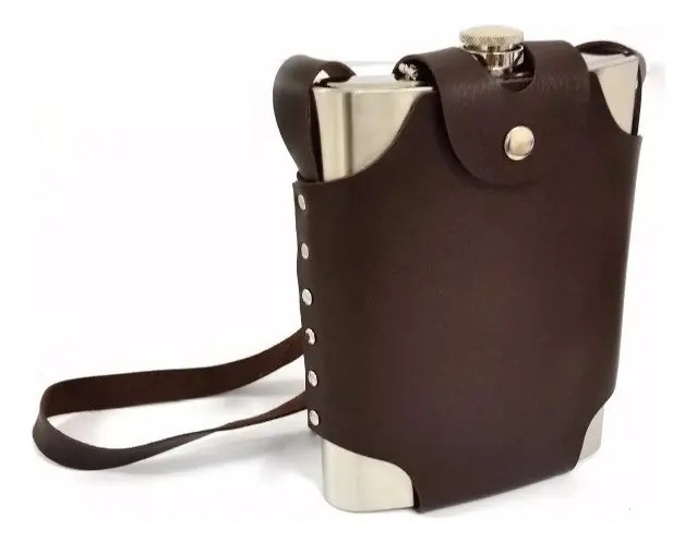 Cantil Inox 500ml com Bolsa Couro Marrom Jiax Porta Whisky Vodka
