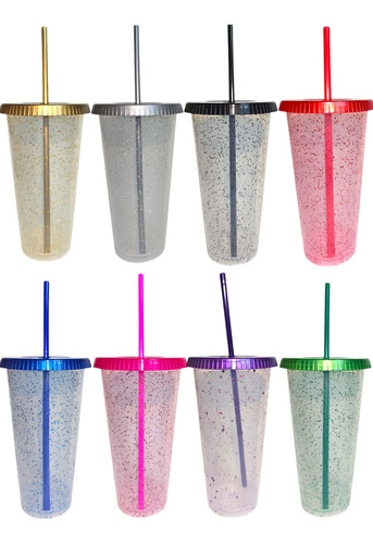 Vaso Reusable Glitter 110 Pzas Cafe Frio Con Popote 24oz