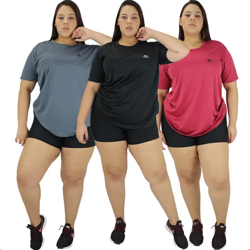 Kit 3 Camiseta Feminina Dry Fit Plus Size Fitness Academia