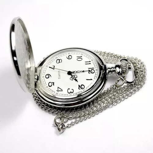 Reloj De Bolsillo A Bateria Plateado Leontina Circular Caja