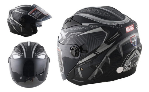 Casco Moto Edge Marvel Black Panter 3/4 Certificado Dot