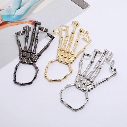 Pulseira Mano Esqueleto Goth Punk Dedos Ajustáveis Em Preto