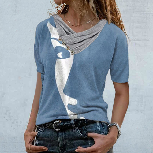 Mujer Tops Estampados Con Cuello En V Y Botones De Manga Cor