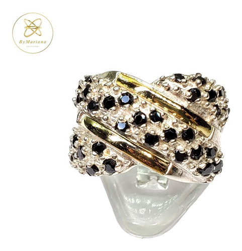 Anillo Plata Y Oro Con Piedras Negras Engarzadas