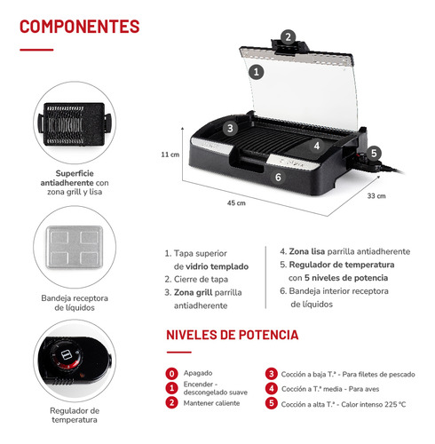 Parrilla Electrica Tapa De Vidrio 1800w 225°c Th-224 Thomas Negro