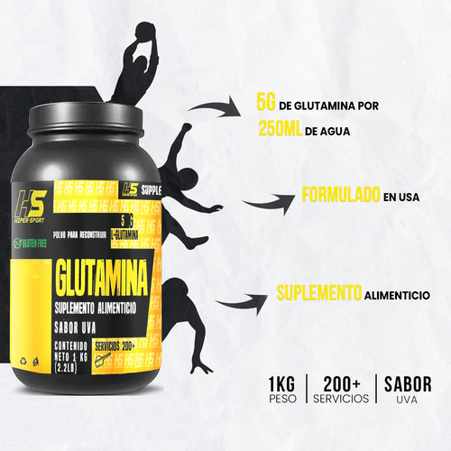 Glutamina Hiper Sport 1kg Varios Sabores Uva