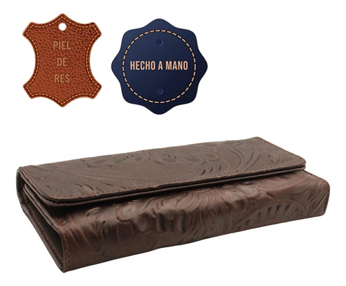 Cartera Mujer Piel Larga Tarjetero Grabado Láser Chocolate